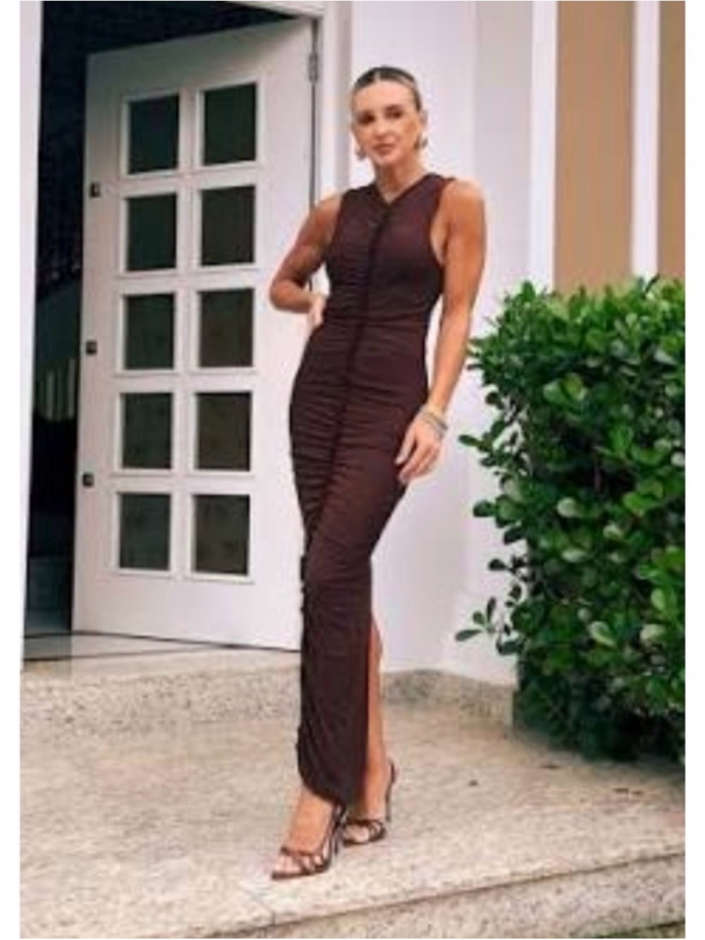 Sleeveless Ruched Brown Maxi Dress